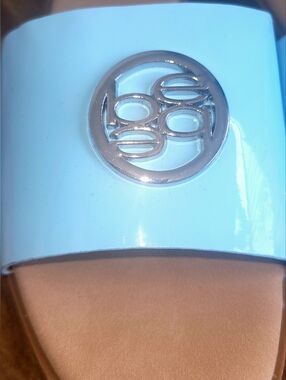 Bebe Blue Slide Sandals Size 6 Women Glossy Logo Summer Flat Slip On NEW